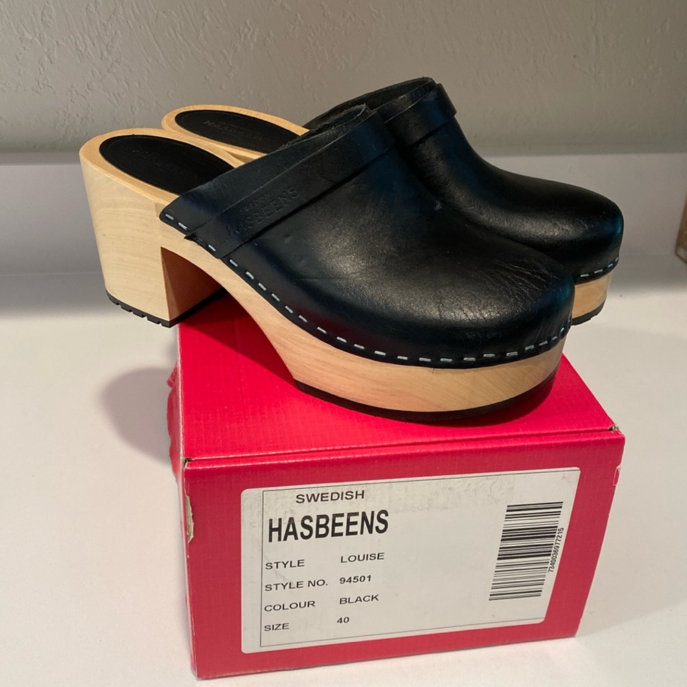 Swedish Hasbeens Louise Black 40 Leather, wood clogs